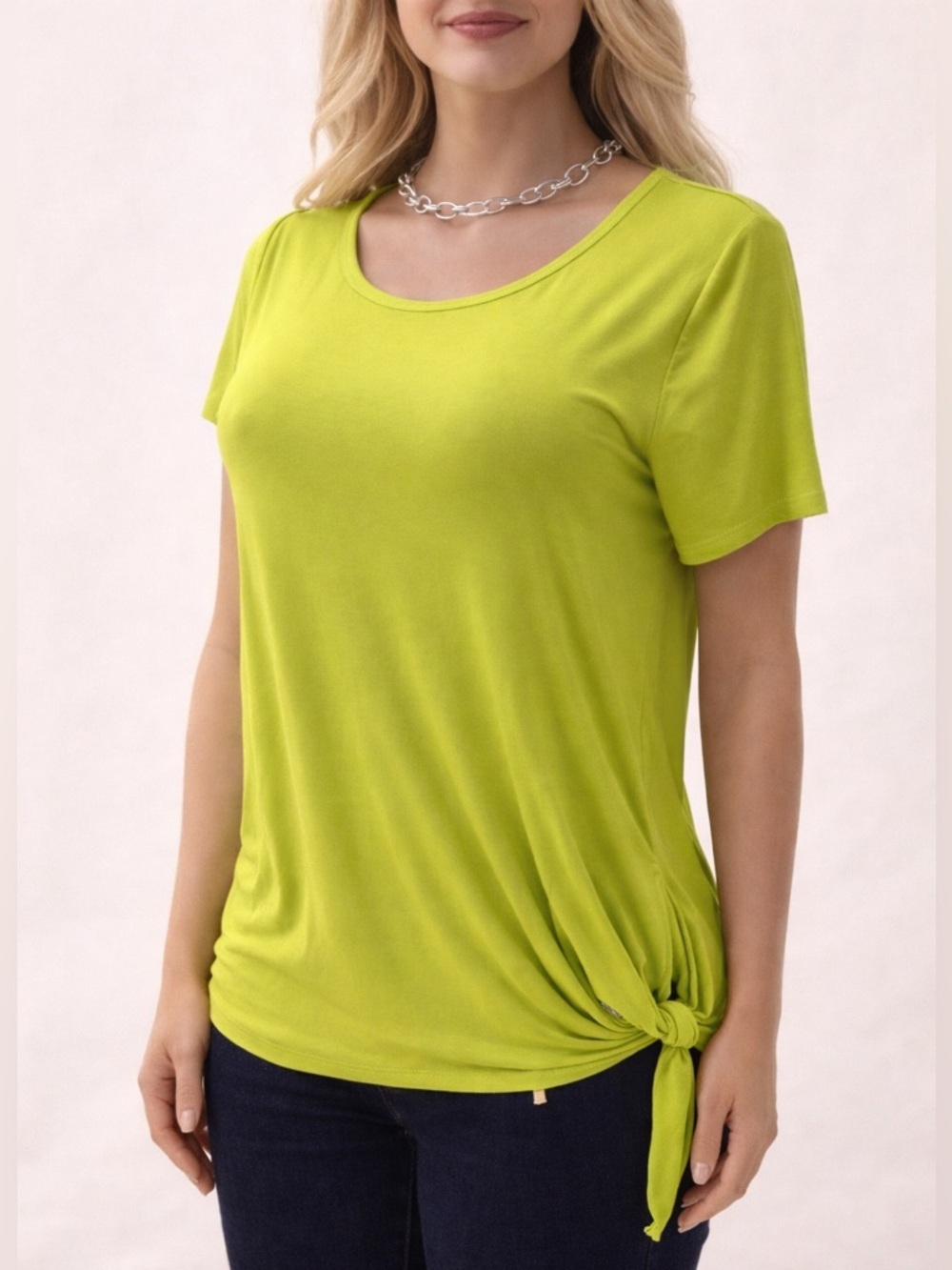 Michael Kors Chartreuse Tie Side Top Size Large Keyhole Back Short Sleeve Blouse